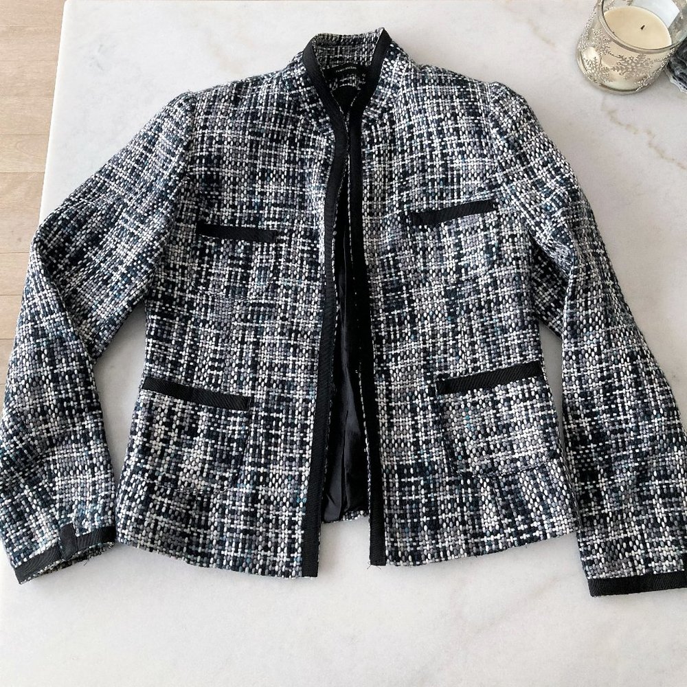 Vintage Yumi Mazao Paris tweed blazer / woven jacket (white, black, teal / blue) - Picture 2 of 13